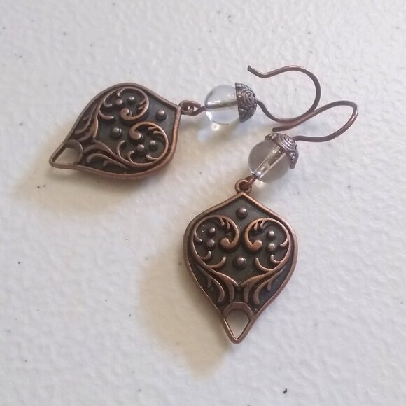 Gorgeous, Heavy & Ornate! Handmade Copper + Clear Quartz Statement Earrings - Picture 1 of 11
